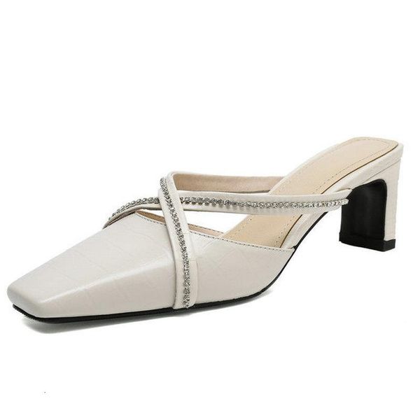 

slippers spring summer women mules crystal decoration genuine leather thick high heels pumps wedding party shoes woman 8yz5, Black