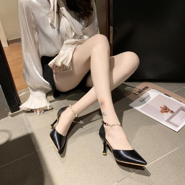 

dress shoes 2021 spring and autumn fashion women's belt single solid color pointed chain decorative high heelsu22-77, Black