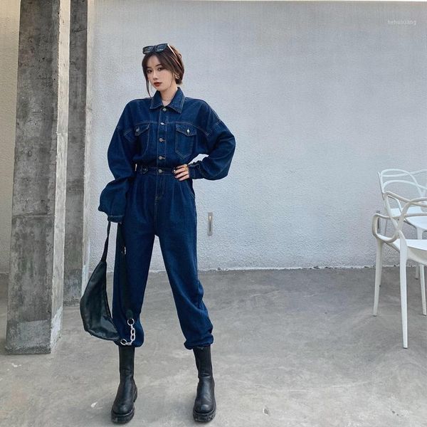 Damen-Overall-Spielanzug, modisch, für Damen, hohe Taille, hübsche Denim-Blue-Jeans, Overall, Overalls, lockere Hose mit weitem Bein, gerade Cargo-Hose