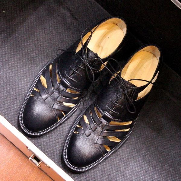 

sandals men's vintage pure black genuine cow leather shoes hollow lace-up for summer rome