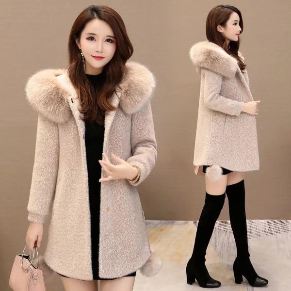 

women's wool & blends woolen coat 2021 female winter jacket thicken keep warm imitation gold mink coats mom overcoat 4xl w2431, Black