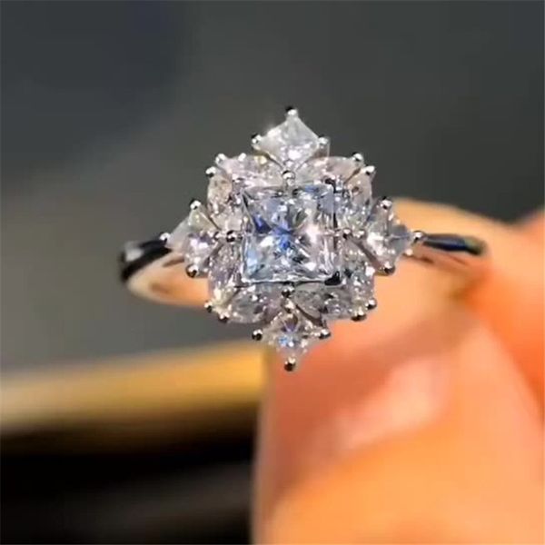 

princess cut 4mm lab diamond ring 925 sterling silver engagement wedding band rings for women bridal gemstones party jewelry, Slivery;golden