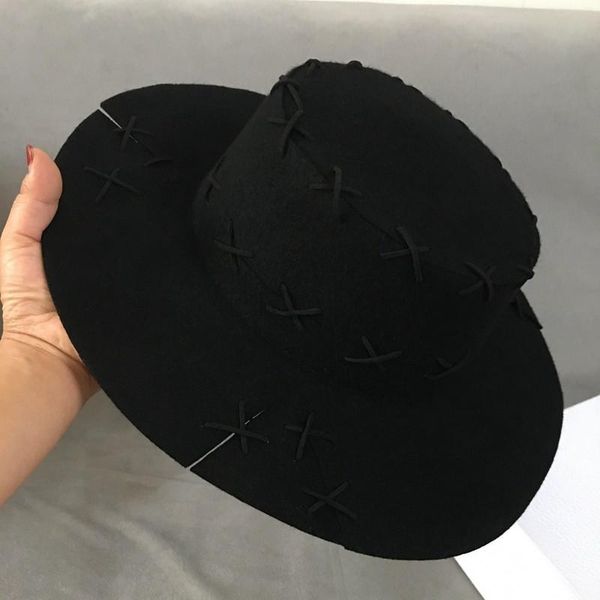 

wide brim hats 202108-nao-fenxian autumn winter black wool manual suture flat fedoras cap men women leisure panama jazz hat, Blue;gray