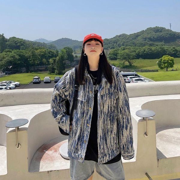 

women's jackets fall jeans women loose print cotton jacket hip hop teens streetwear spring coats blue black harajuku clothing top, Black;brown
