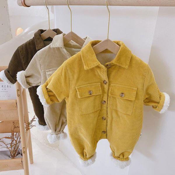 

jumpsuits milancel 2021 autumn boys clothes turn down collar infant girls rompers corduroy baby snow suit fur lining outerwear, Blue
