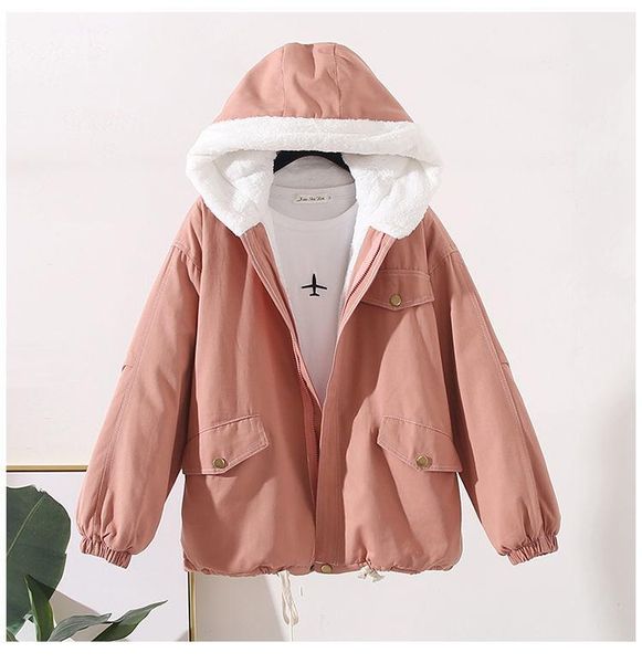 

women's jackets jacket female 2021 coat autumn winter students thick hooded loose cotton lamb velvet, Black;brown