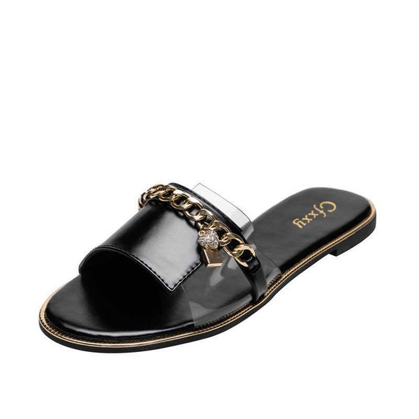 

explosive chain sandals and slippers women fashion word transparent flat bottom women slippers for outer wear 210611, Black