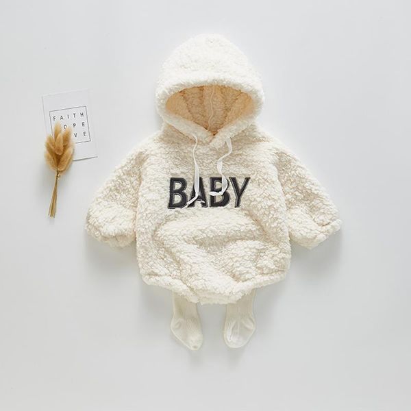 

0-3t autumn cute baby boutique warm plush jumpsuit overalls letter outfits infant boys girls beige hooded bodysuit jumpsuits, Blue