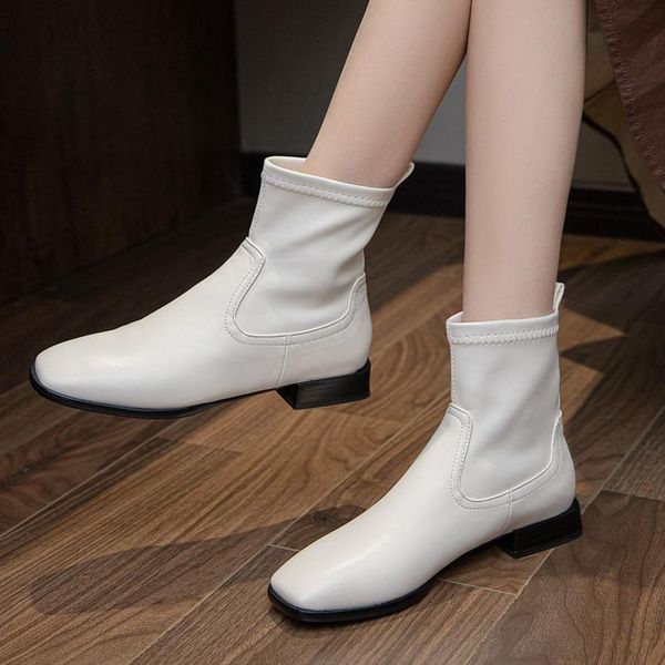 

boots ymechic black pu leatehr short combat women chunky heel 2021 autumn slip-on vintage shoes ankle for