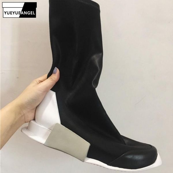 

street white boots women punk style platform genuine leather elastic sock ankle lovers height increasing high-sneakers, Black