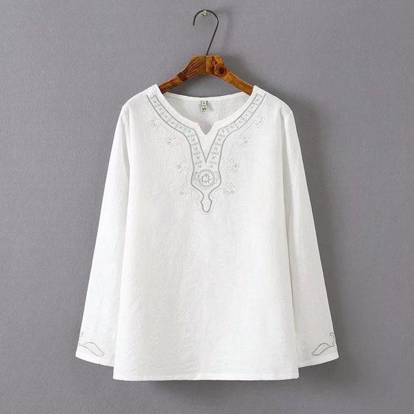 

plus size t-shirt xl-4xl long sleeved women floral embroidery a-line blouse ladies' officewear white blue vintage blusas, Black