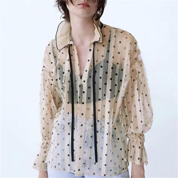 

women's blouses & shirts 2021 autumn european and american women design sense niche perspective polka dot lace temperament shirt, White