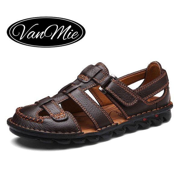 

men sandals leather outdoor summer beach genuine gladiator male flat casual shoes closed toed, Black