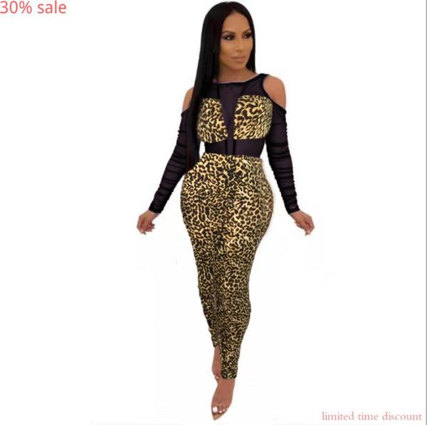 

women's jumpsuits & rompers patchwork jumpsuit 2021 women leopard print mesh hollow out shoulder long sleeve playsuit party romper body, Black;white