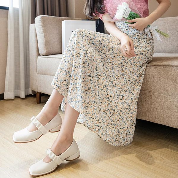 

skirts women retro chic fashion soft chiffon summer vacation ladies clothing floral print femme a line skirt, Black