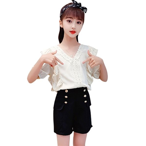 

girls clothes lace tshirt + short clothing for casual style girl summer children's costume 6 8 10 12 14 210527, White