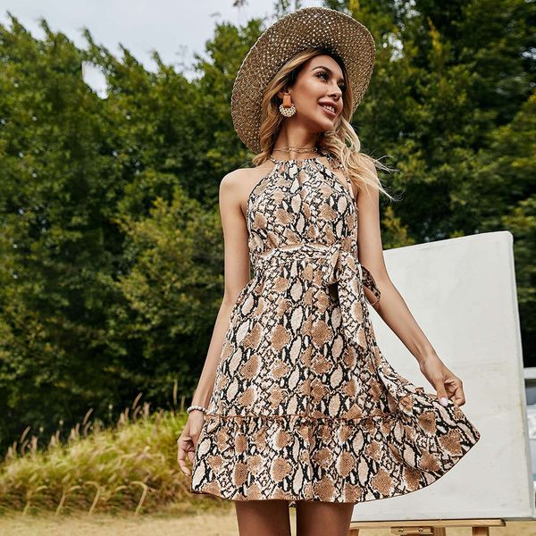 

vest dress women's leopard print hanging neck off shoulder slim middle, Black;gray