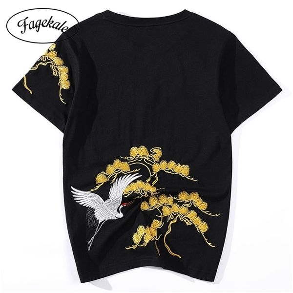 

summer original chinese style embroidery songhe cotton casual loose large size couple short sleeve t-shirt men casual fashion 210324, White;black