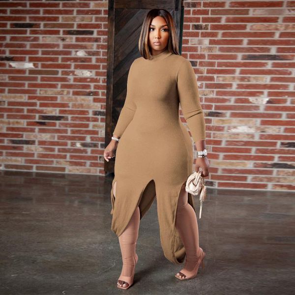 

casual dresses unique design solid ribbed knitted irregular dress for women half high neck long sleeve simple stretchy vestidos, Black;gray