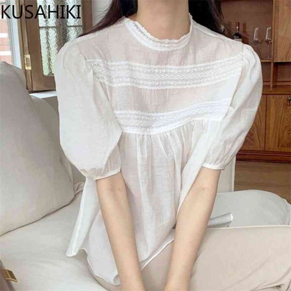 

womens lace patchwork o-neck puff sleeve blouse shirt summer see through blusas mujer de moda 6j401 210603, White
