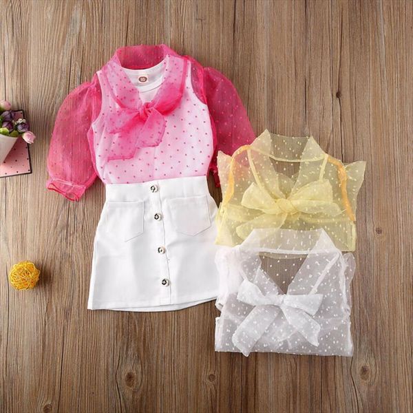 

infant baby girl summer clothes sets long sleeve mesh polka dot blouse vest skirts outfit, White