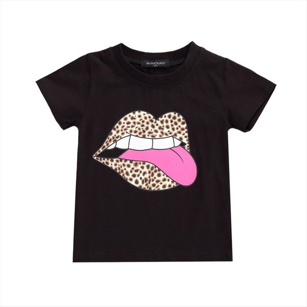 

1 5years girl kids shirt summer short sleeve lip tongue sun patterns outfit patchwork loose classical round neck clothes, Blue