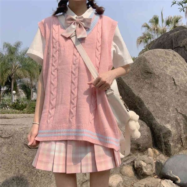 

women's knits & tees 2021rhombus sweater vest preppy kawaii female autumn winter cute pink jacket coat loose knit student cool streetwe, White