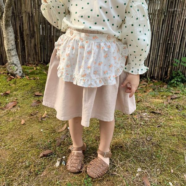 

skirts pastoral style cute floral apron for girls pure cotton fake two pieces skirt kids clothes1, Blue
