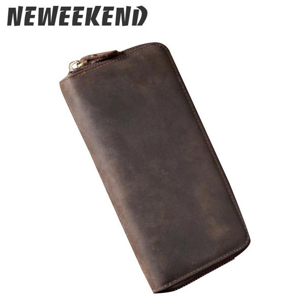 

wallets eekend wallet business genuine leather cowhide crazy horse zipper long clutch cash card phone holder handbag for man 8875, Red;black