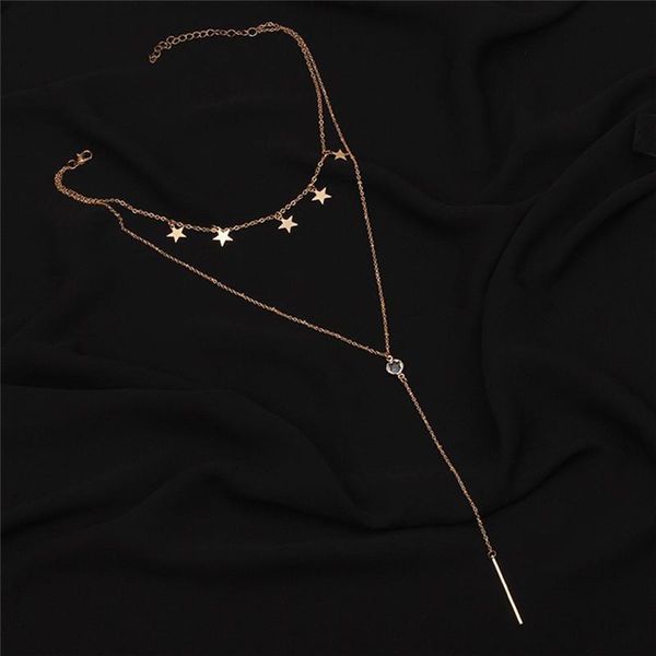 

chains women necklaces & pendants 2 multi layer necklace star tassel charm choker for gold long collier femme, Silver