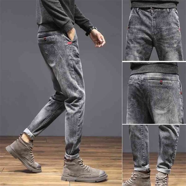

men's breathable fashion pants warm men solid jeans straight print mid waist button trousers 210716, Blue