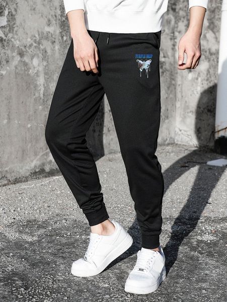 

men letter & butterfly print drawstring waist sweatpants v958#, Black
