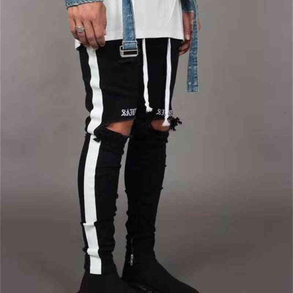 

men's jeans arrivals mens designer jeans white black knee hole side zipper slim distressed ripped tore up stripe pants 2834 mh5h, Blue