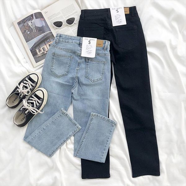 

elastic skinny high waist vintage womens jeans light blue denim cloth female korean chic straight pants mom summer trousers