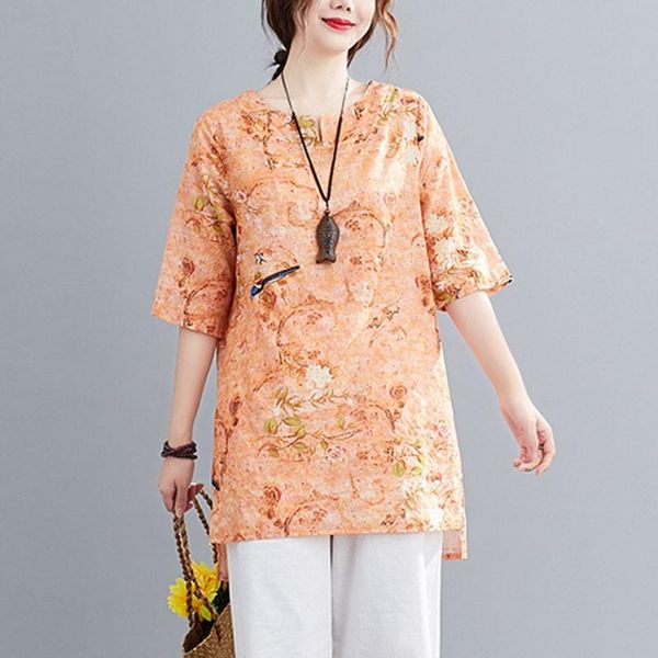 

plus size women cotton linen soft t-shirt 2021 summer vintage print loose comfortable female long tees shirt ethnic women's, White