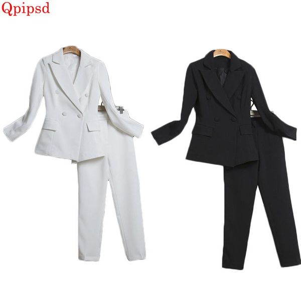 

spring autumn fashion suit female career jacket and long temperament casual two-piece pants women slim solid women's two piece, White