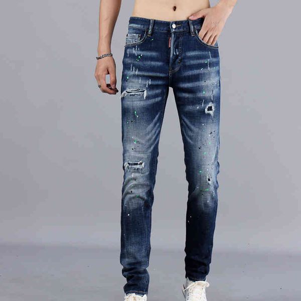

2021 four seasons d2 jeans men's color spray paint splash ink wash micro elastic hole straight pants fashion, Blue
