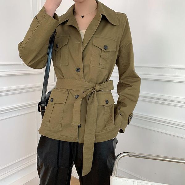 

women's jackets 2021 spring and summer fashion retro lapel tie long sleeve single row button pocket design ladies all-match jacket, Black;brown