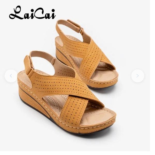 

sandals laicai women summer shoes woman ladies sewing hollow out wedges female casual pu leather comfortable retro sandalis, Black
