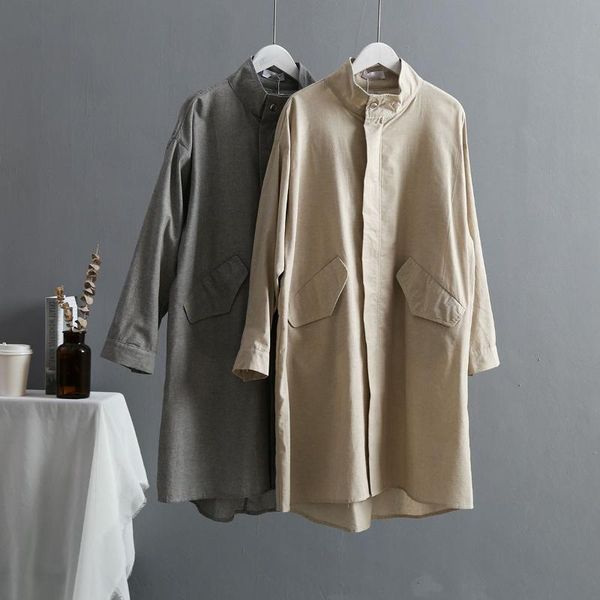 

women's trench coats harajuku style women coat spring fashion casual long pockets loose cotton linen thin windbreaker, Tan;black