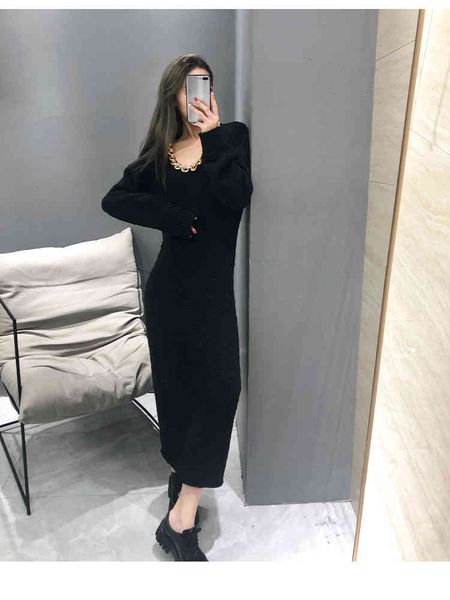 

dress 2021 autumn neckline chain knit mid-length woman vgai, Black;gray