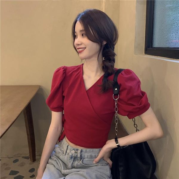 

women's t-shirt v-neck with puffed sleeves for women slim cross-strap short on both sides, White