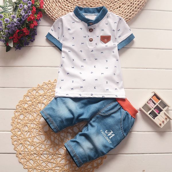 

baby boys summer clothes sets newborn children clothing sets for boy short sleeve t-shirt + jeans cool denim shorts suit, White