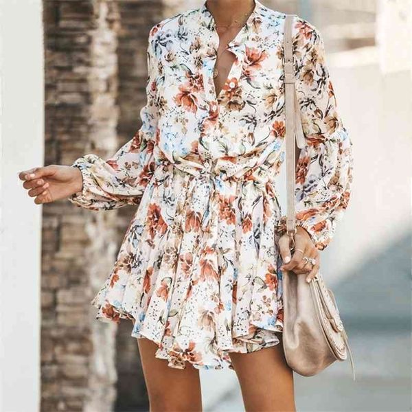 

spring retro floral print mini shirt dress for women neck button long sleeve tunic lace up beach party dresses vestidos xl 210520, Black;gray