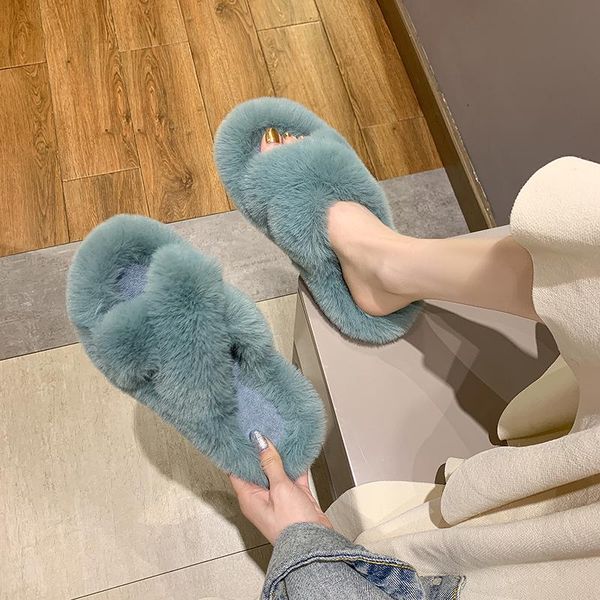 

slippers casual room shoes slides flock fur flip flops platform slipers women low luxury massage summer plush flat 2021 with, Black