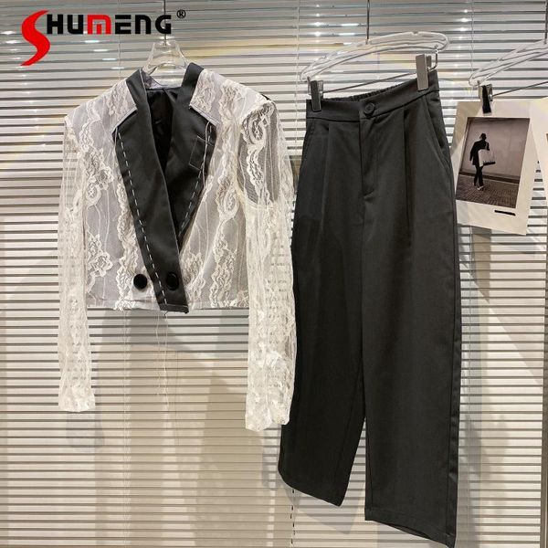 

women's two piece pants 2021 summer lace crocheted stitching suit wide leg cropped for women, White