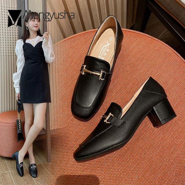 

dress shoes square toe mary janes woman metal buckle pumps thick med-high heels women two ways slip on pu leather tacones 2021, Black