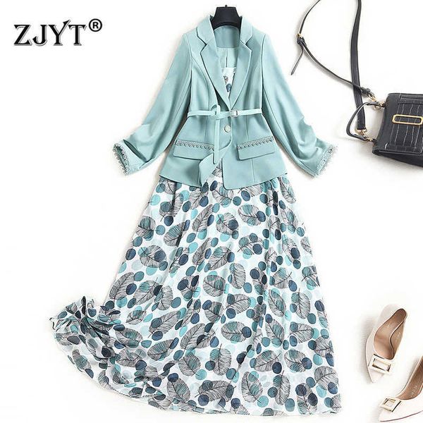 

elegant office lady designers notched blazer and print mid calf strap chiffon dress 2 piece suit women spring clothes vestidos 210601, Black;gray