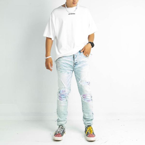 

men's jeans american street high brand off ragged cashew flower patchwork light blue slim pants trousers men's clothing