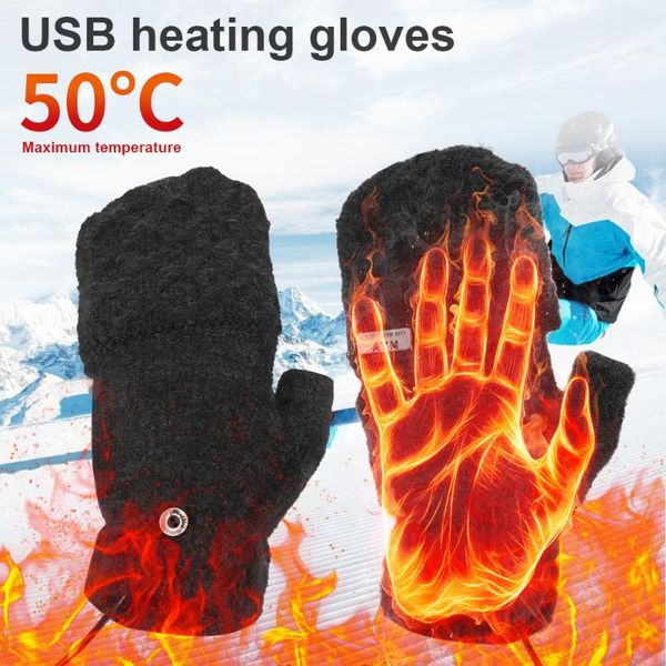 

cycling gloves usb heated sports winter thermal knitting half-finger with full-finger cover rechargeable for outdoor bike indoor, Black